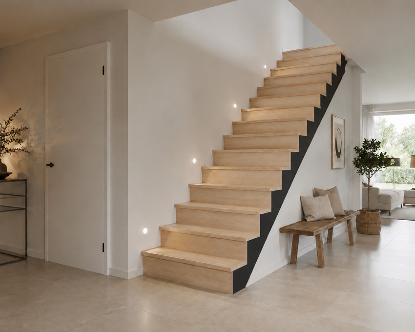 Gesloten trap Lubeck beuk zwarte wang recht 305x90cm aantrede 20cm