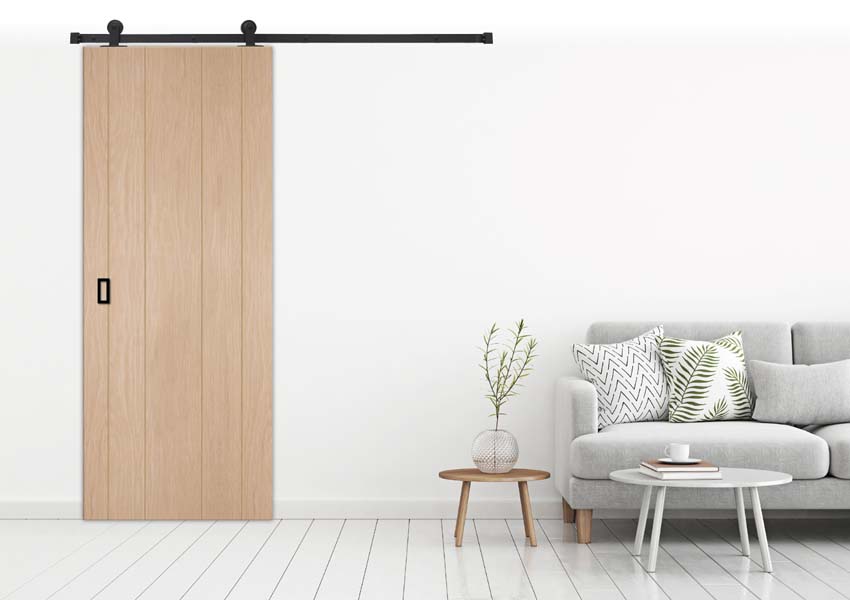 Porte coulissante complète chêne plaqué 93x211,5cm tubulaire + rail antique