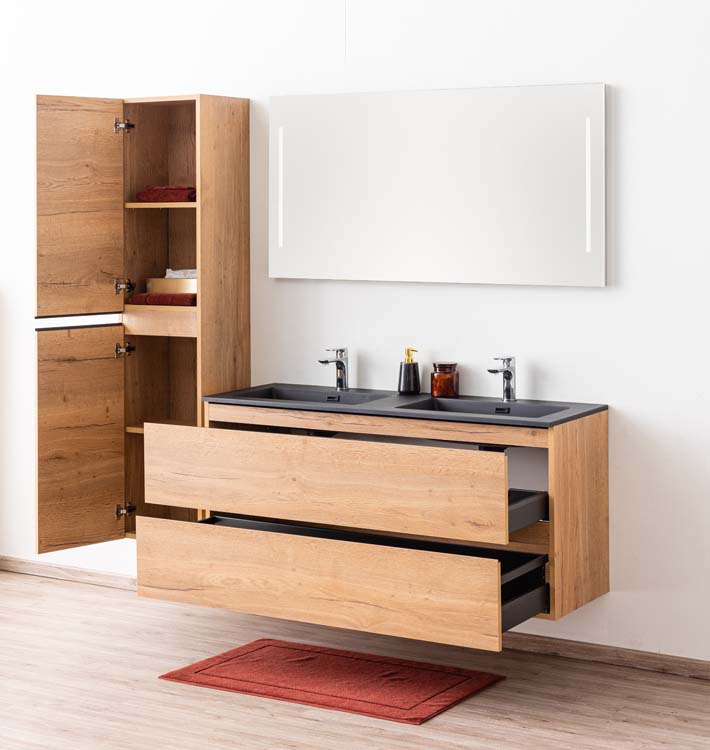 Meuble de salle de bains Daria chêne brun doré suspendu avec lavabo double noir mat 140cm