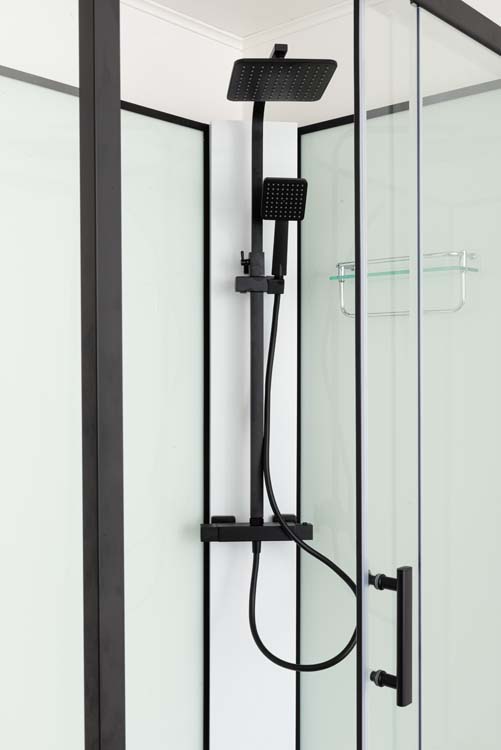 Douchecabine Ava thermostatisch rechts zwart/wit schuifdeur 90x120x226cm incl. doucheset zwart