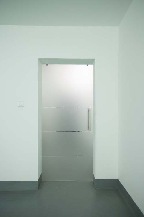 Complete glazen schuifdeur Sky Dusk mat + 4 lijnen helder 93x215cm inox ronde trekker + rail inox