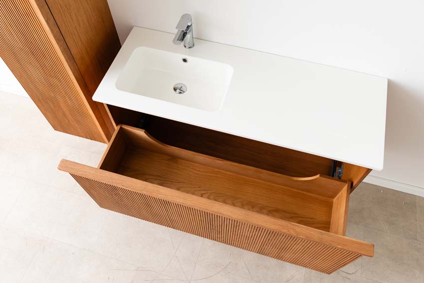 Meuble de salle de bain Fae chêne suspendu avec vasque simple blanc brillant 120cm