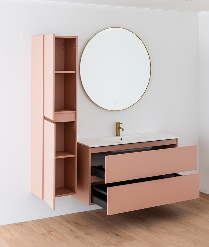 Meuble de salle de bains Dotan abricot suspendu avec lavabo simple blanc brillant 120cm