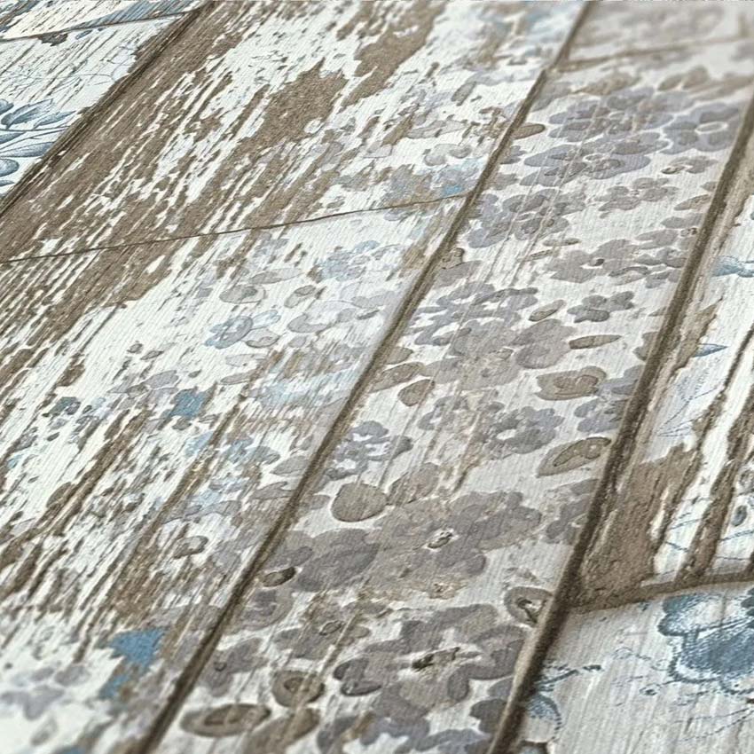 Vinyle sur papier peint intissé planches + fleurs bleu 0,53x10m