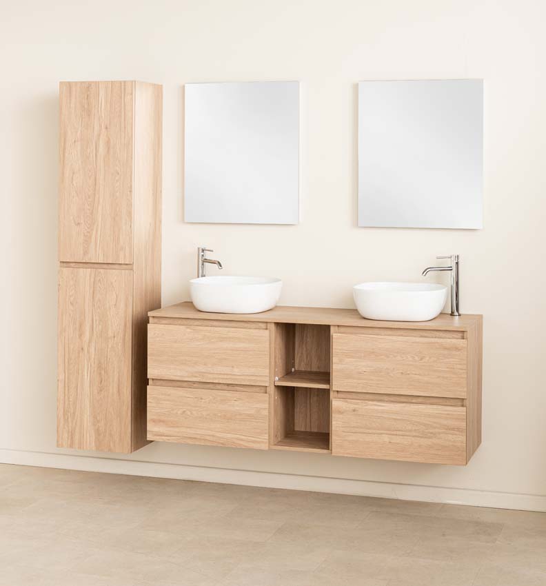 Meuble de salle de bain Bella aspect chêne 1500 mm lavabo double blanc brilliant Meuble de salle de bain Bella aspect chêne 1500 mm lavabo double blanc brilliant