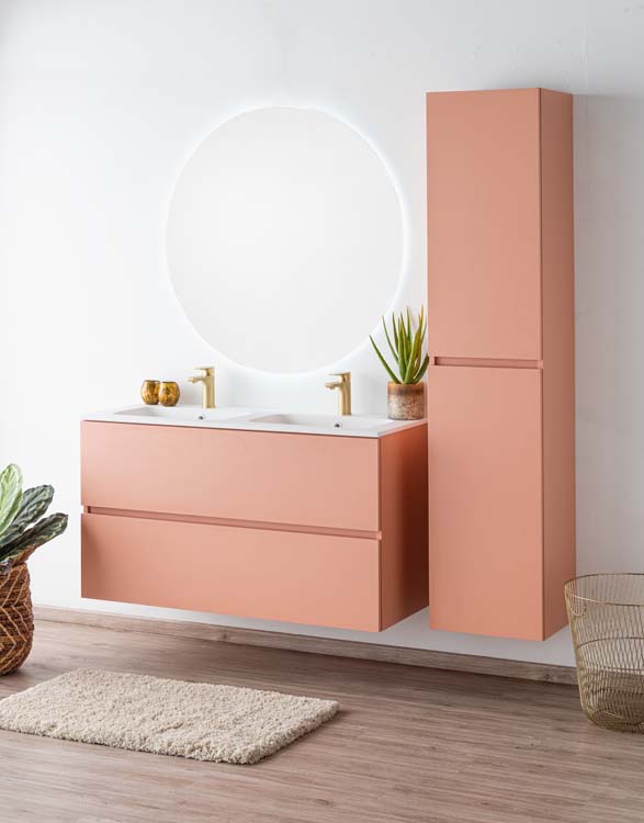 Badkamermeubel Puro blush hangend met dubbele wastafel mat wit 120cm