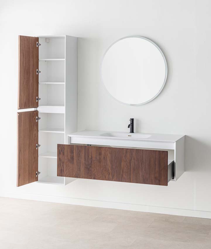 Meuble de salle de bains Falk noyer suspendu avec lavabo simple blanc mat 120cm