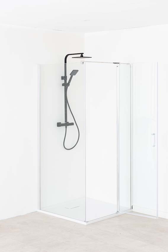 Douche d'angle Alexia avec paroi fixe et porte pivotante chromé 90x190cm