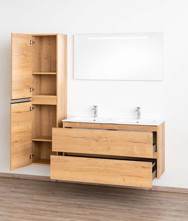 Badkamermeubel Daria eik goudbruin hangend met dubbele wastafel glanzend wit 120cm