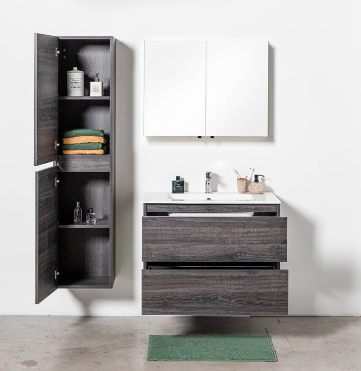 Meuble de salle de bains Dotan chêne foncé suspendu avec lavabo simple blanc brillant 90cm