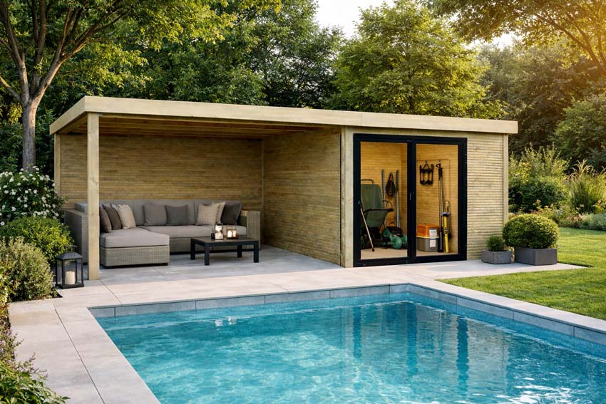 Tuinstudio Harper M + terras vurenhout naturel 700x304x227cm schuifdeur