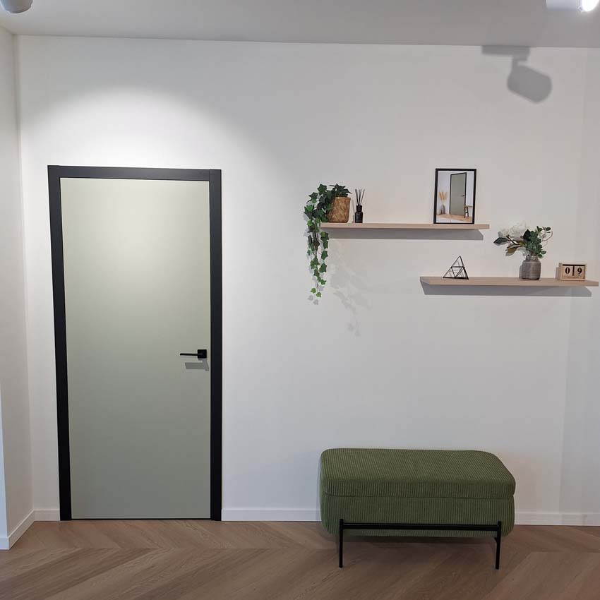 Porte intérieure complète Senso vert sage 201,5x63cm aggloméré tubulaire réversible + châssis noir 16,5cm