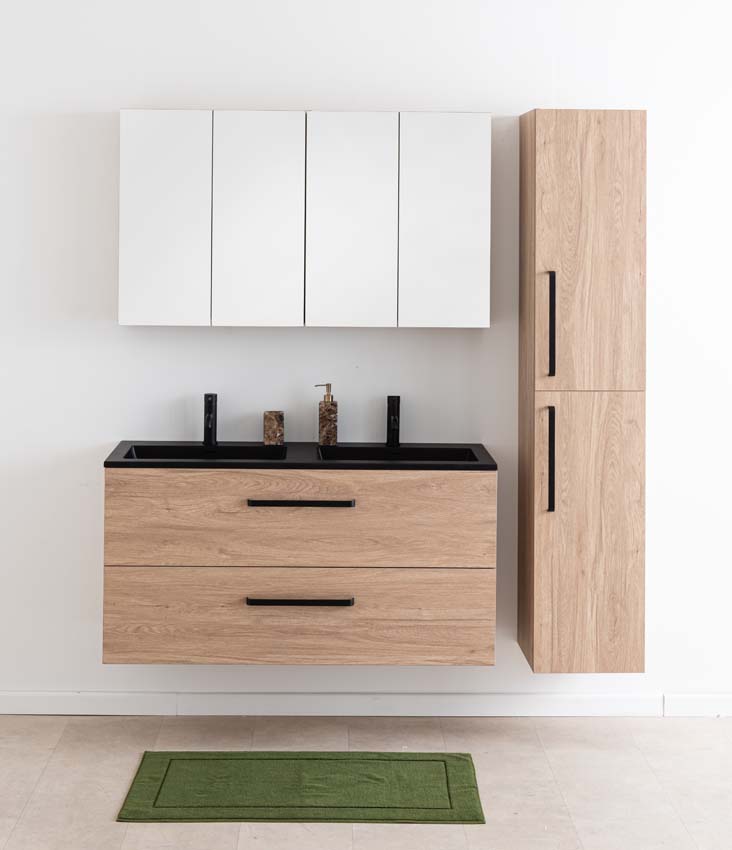 Meuble de salle de bains Bison chêne suspendu avec lavabo double noir 
