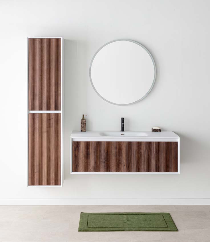 Meuble de salle de bains Falk noyer suspendu avec lavabo simple blanc mat 120cm