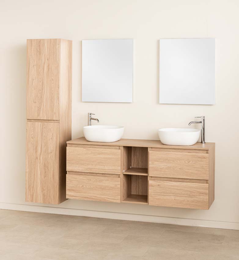Meuble de salle de bains Bella chêne suspendu avec double vasque à poser blanc mat 150cm