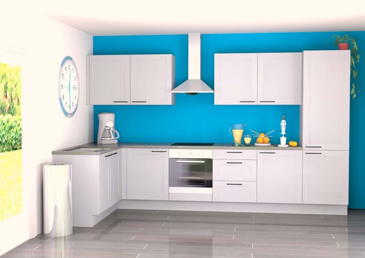 Cuisine d'angle Premium 16A blanche 365x165cm - pré-montée - avec appareils - plaque de cuisson vitrocéramique et hotte murale en inox