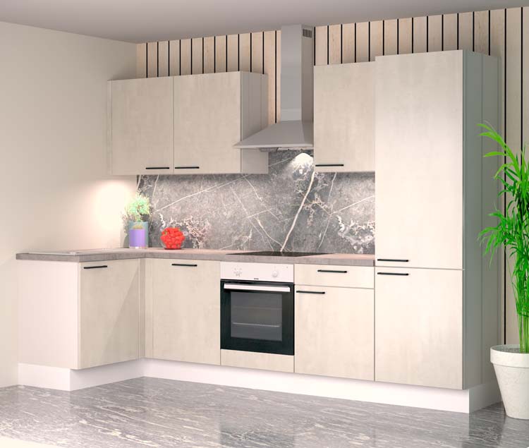 Hoekkeuken Premium 15B betonlook 305x125cm - voorgemonteerd - met toestellen - vitrokeramische kookplaat en inox wanddampkap