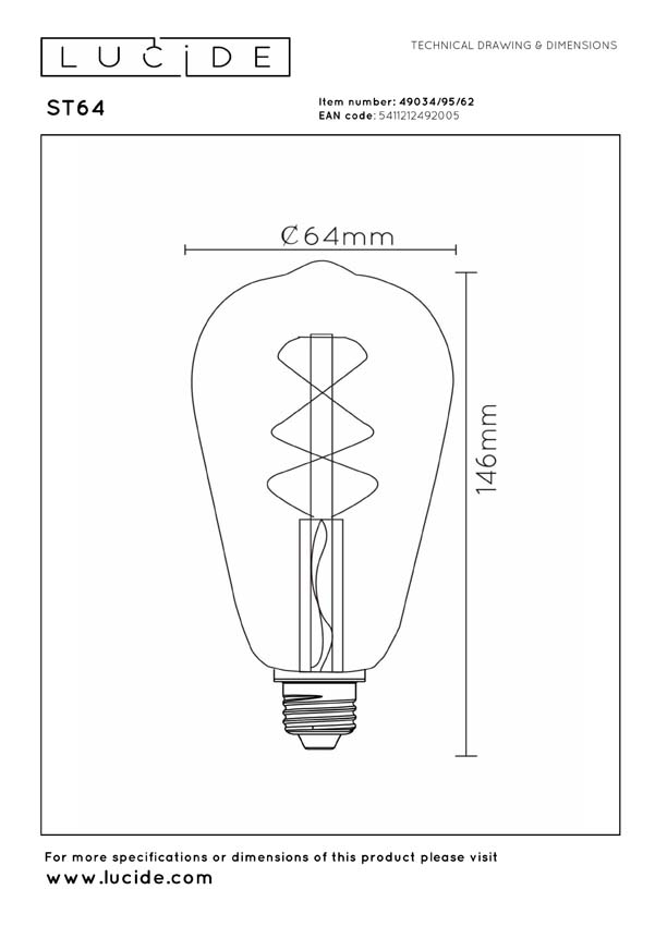 Lucide T32 - Filament lamp - Ø3cm - LED 3 StepDimbaar (Memory) - E27 - 1x4,9W 2200K - Amber