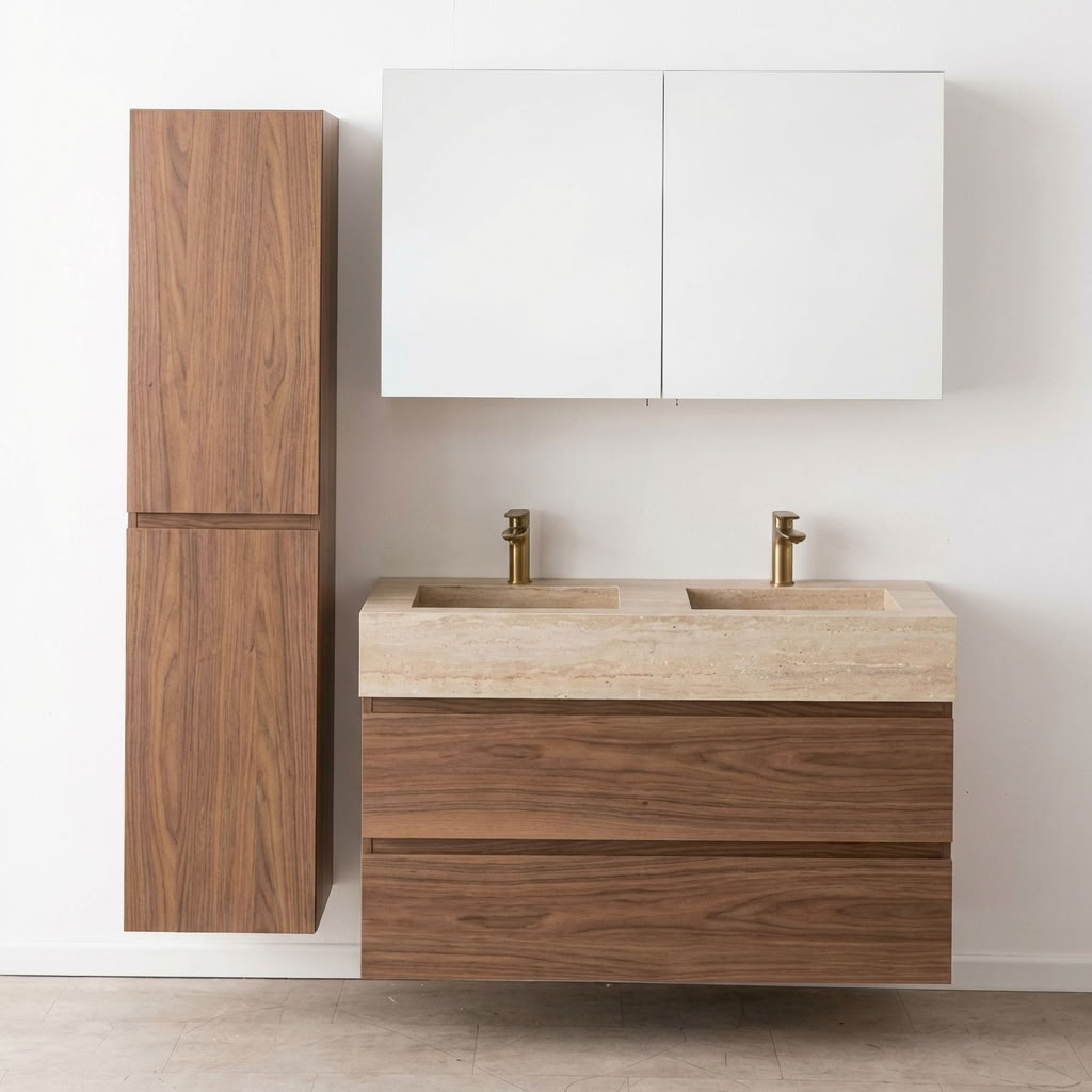 Badkamermeubel Dotan notelaar met dubbele brede wastafel travertinlook 120cm