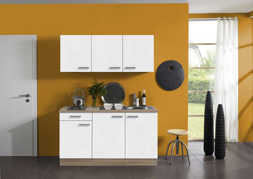 Cuisine étudiant blanche/chêne clair 150cm - avec plaque de cuisson en inox