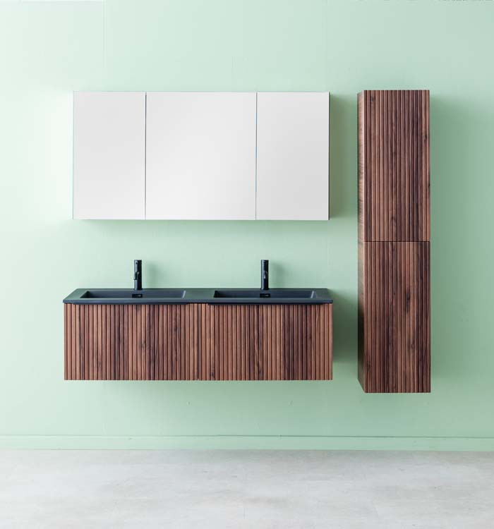Meuble de salle de bains Soetkin noyer suspendu avec lavabo double noir mat 140cm