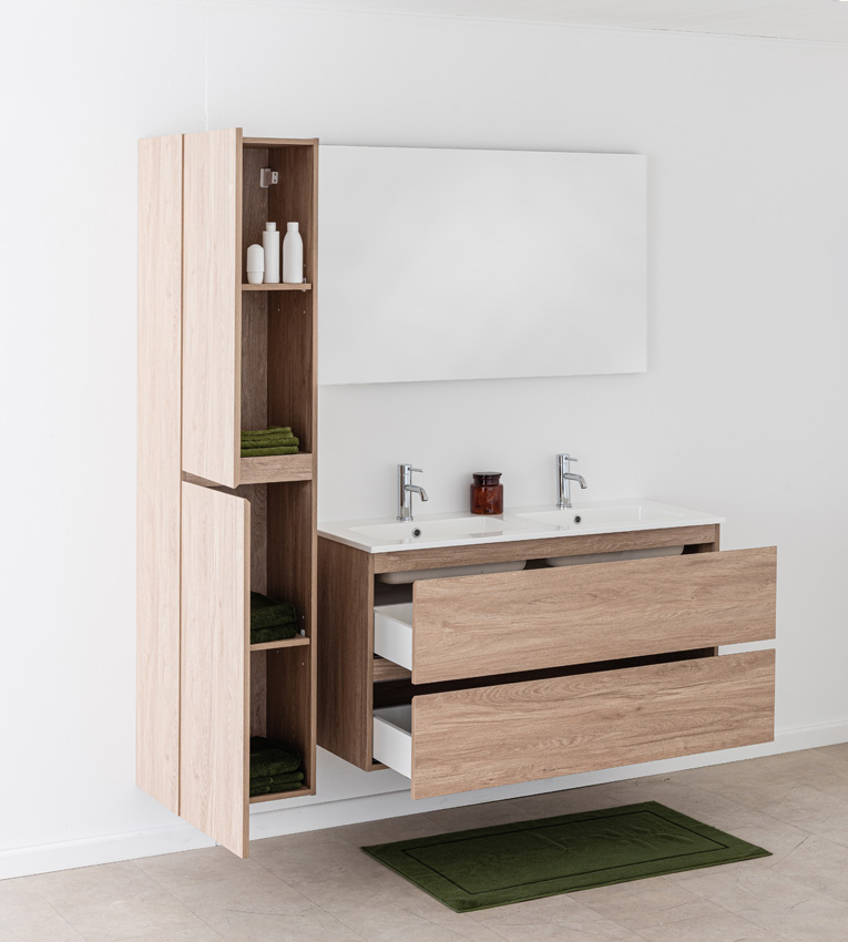 Meuble de salle de bain Bianca aspect chêne suspendu avec double lavabo blanc brillant 120,5cm