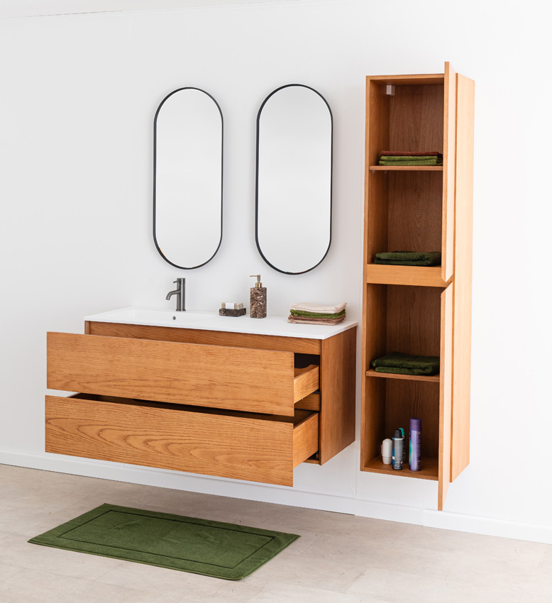 Badkamermeubel Fior eik hangend met enkele wastafel glanzend wit 120cm