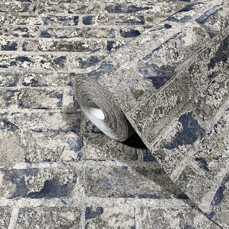 Vinyle sur papier peint intissé brique bleu/gris 0,53x10m