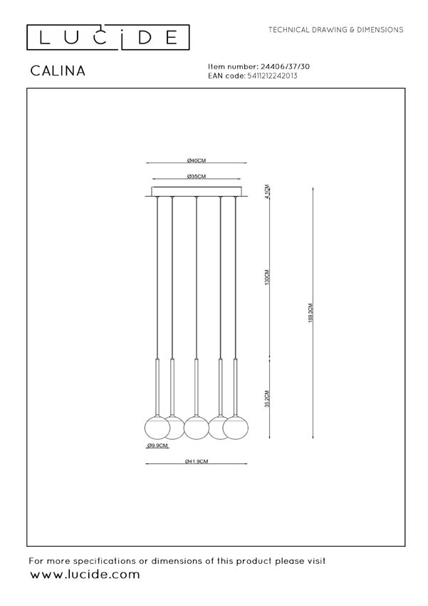 Lucide Premium Calina - Hanglamp - Ø41,9cm - LED Dimbaar - CCT - 5x7,4W 2200K/3300K - Zwart