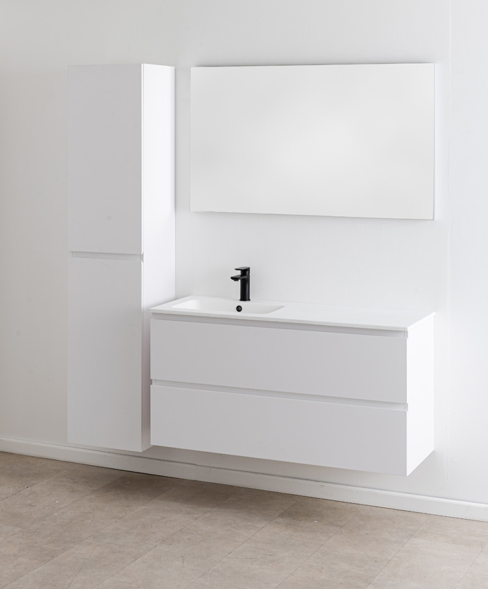 Badkamermeubel Bianca mat wit hangend met enkele wastafel mat wit 120,5cm