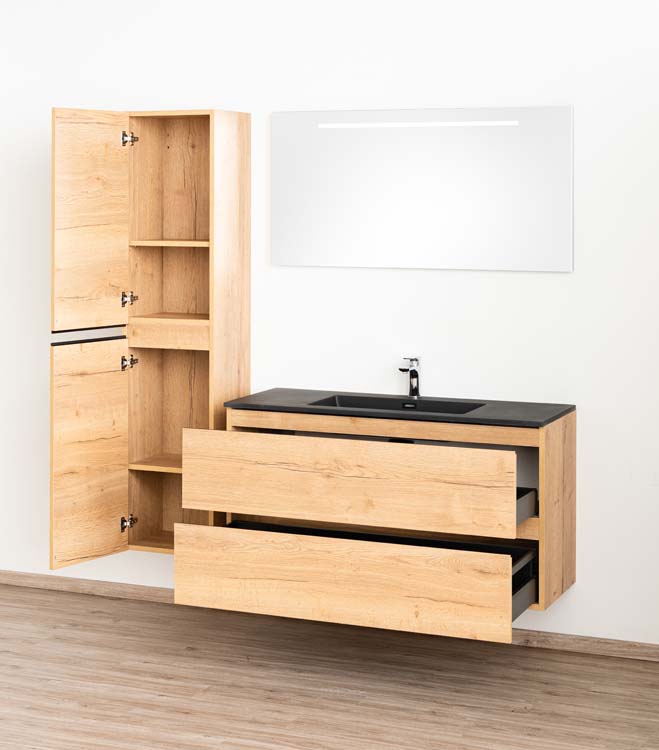 Badkamermeubel Daria eik goudbruin hangend met enkele wastafel mat zwart 120cm