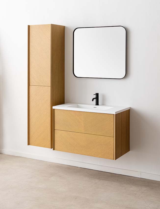 Meuble de salle de bains Waldorf chêne suspendu avec lavabo simple blanc mat 90cm