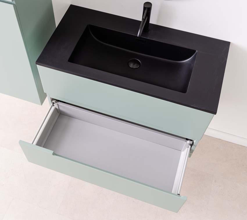 Meuble de salle de bains Truman vert gris suspendu avec lavabo simple noir mat 90cm