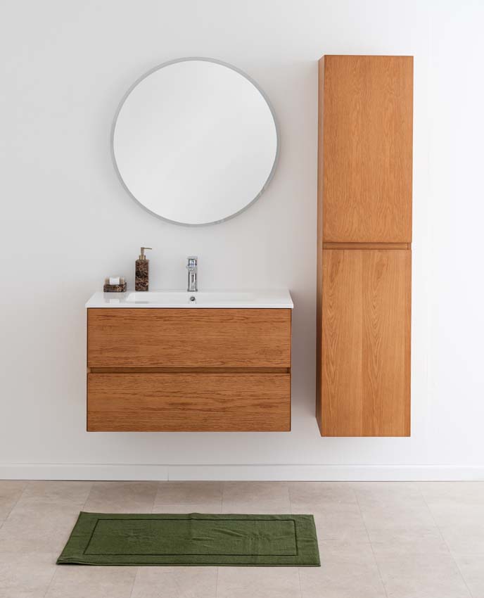 Meuble de salle de bain Fior chêne suspendu avec vasque simple blanc brillant 90cm