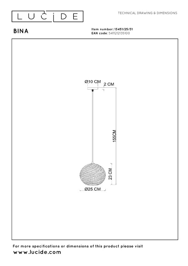 Lucide Bina - Hanglamp - Ø25cm - 1xE27 - Wit