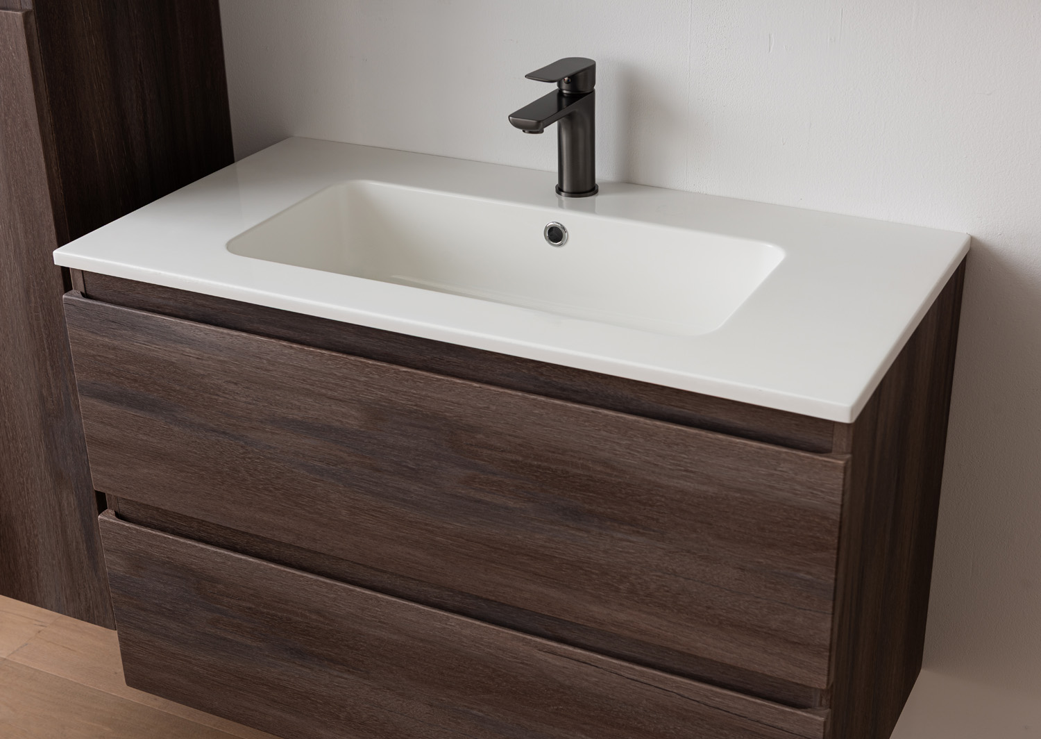 Meuble de salle de bains Tarik chêne ambré suspendu avec vasque simple blanc brillant 90cm