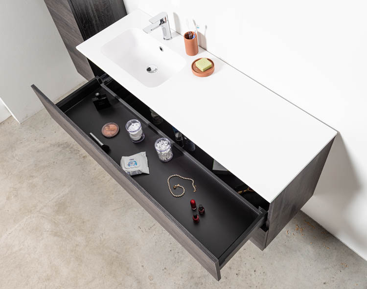 Meuble de salle de bain Dotan chêne foncé 1400 mm lavabo mat gauche