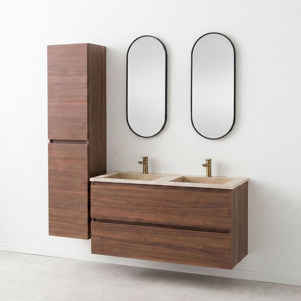Meuble de salle de bain Dotan noyer avec lavabo double en aspect travertin 120cm