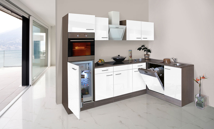 Cuisine d'angle blanc/chêne foncé 280x172cm - plaque de cuisson vitrocéramique et hotte murale blanche - avec appareils