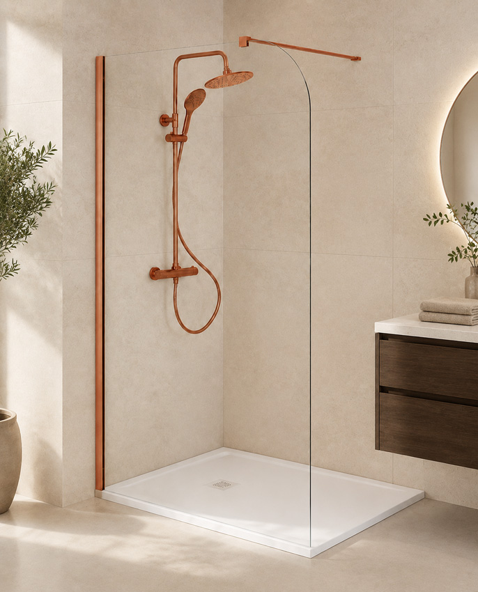 Paroi de douche à l'italienne Avery arrondie verre clair avec kit de profilés cuivre 107x200cm