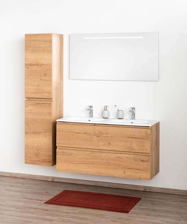 Meuble de salle de bains Daria chêne brun doré suspendu avec lavabo double blanc mat 120cm