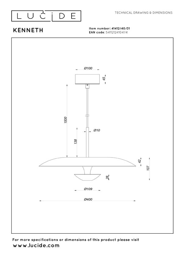 Lucide Premium Kenneth - Suspension - Ø40cm - LED dimmable - 1x12W 2700K - Blanc