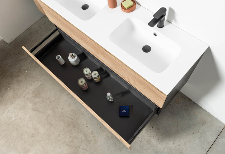 Meuble de salle de bains Dotan chêne suspendu avec lavabo double blanc mat 140cm