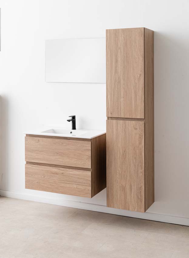 Meuble de salle de bains Bianca chêne suspendu avec lavabo simple blanc brillant 80cm