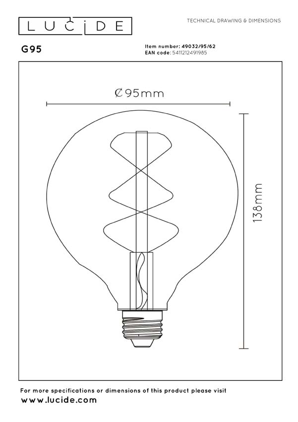Lucide G125 - Filament lamp - Ø12,5cm - LED 3 StepDimbaar (Memory) - E27 - 1x4,9W 2200K - Amber