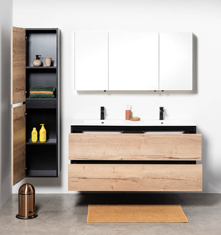 Meuble de salle de bains Dotan chêne suspendu avec lavabo double blanc mat 140cm