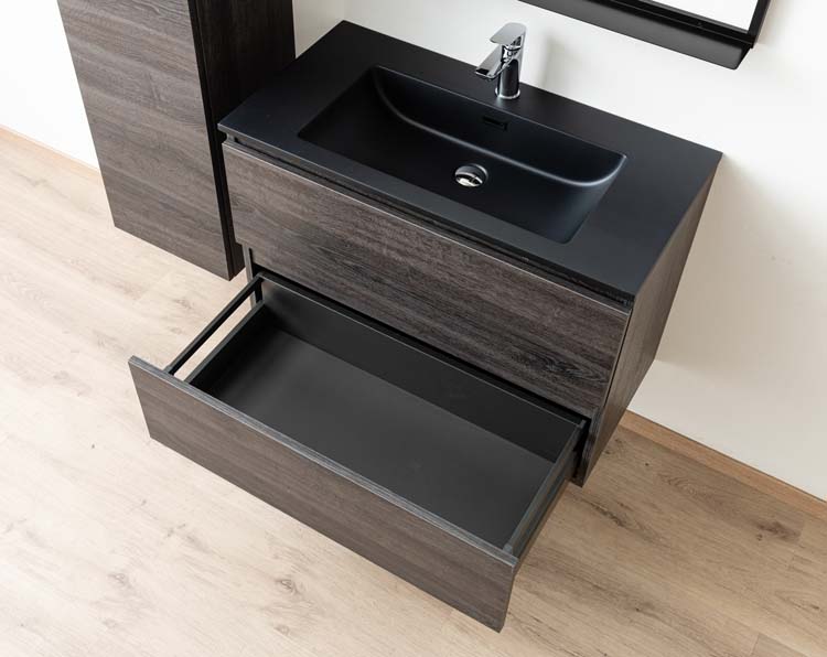 Meuble de salle de bains Dotan chêne foncé suspendu avec lavabo simple noir mat 90cm