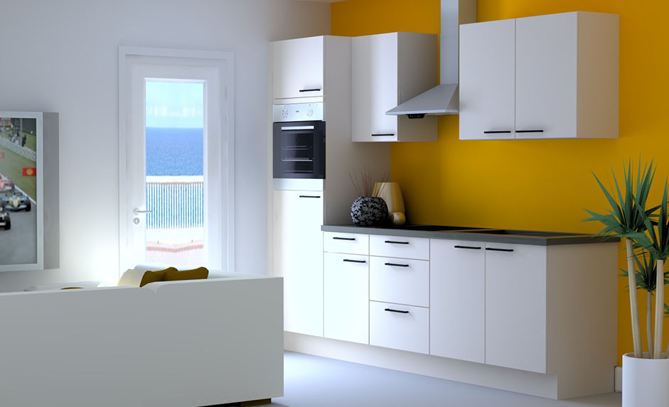 Keuken Premium 3B wit 270cm - voorgemonteerd - met toestellen - vitrokeramische kookplaat en inox wanddampkap