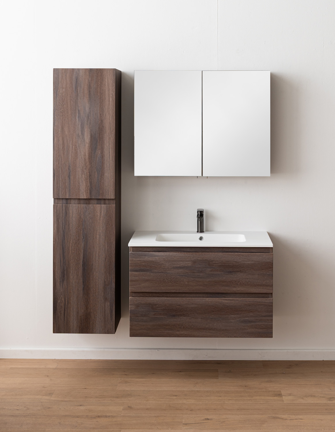 Meuble de salle de bains Tarik chêne ambré suspendu avec vasque simple blanc mat 90cm