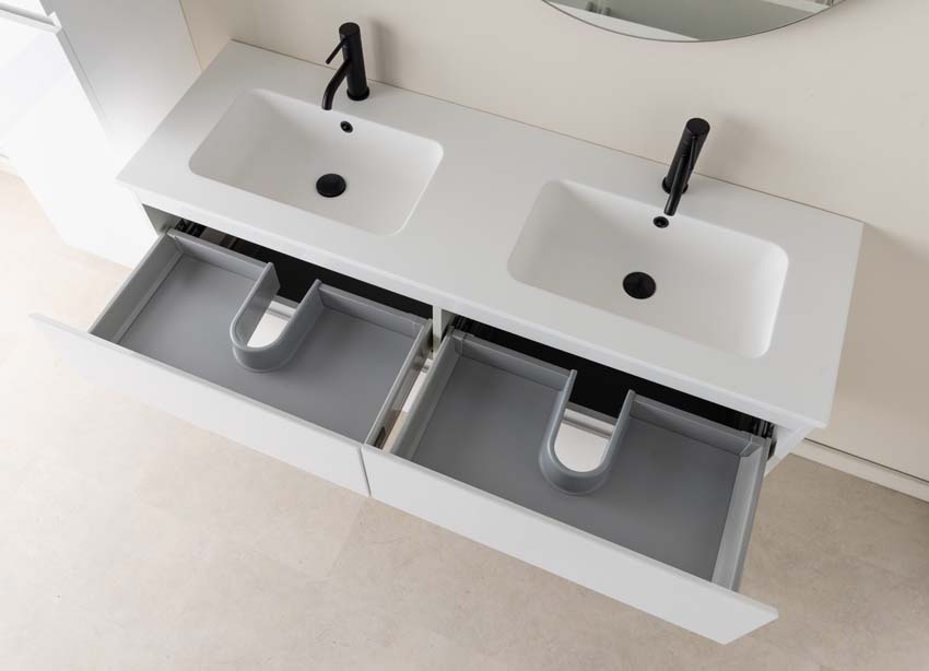 Meuble de salle de bains Tibo blanc suspendu avec lavabo double blanc mat 140cm